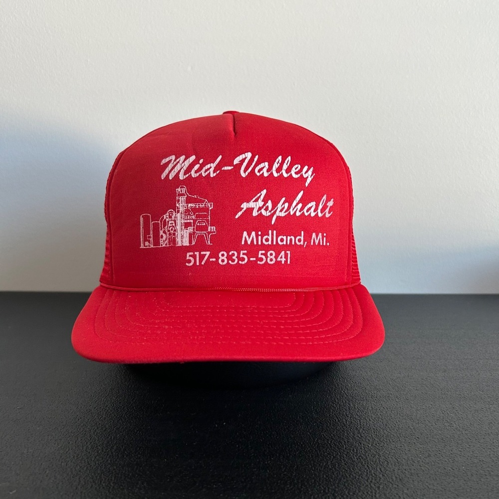 Vintage 80s Mid Valley Asphalt Trucker Hat Cap Snap Back Adjustable Red Mi Adult
